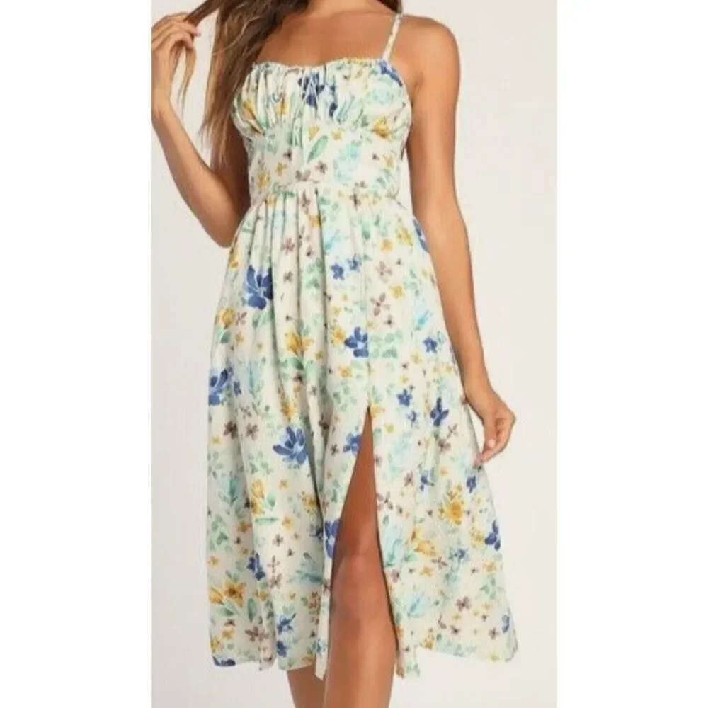 Lulus Happy Summer White Floral Print Double Tie-Back Midi Dress size xs